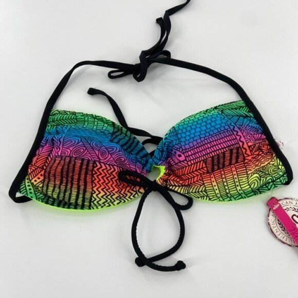 Reversible Bikini Halter Top Multicolor Black Neon Green Juniors Sz L Geometric - Picture 3 of 14